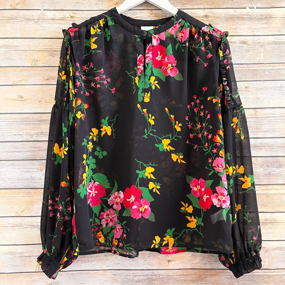 CAbi Blouse Women’s Size Small Black Floral Ruffle Keyhole Thespian Style 5706